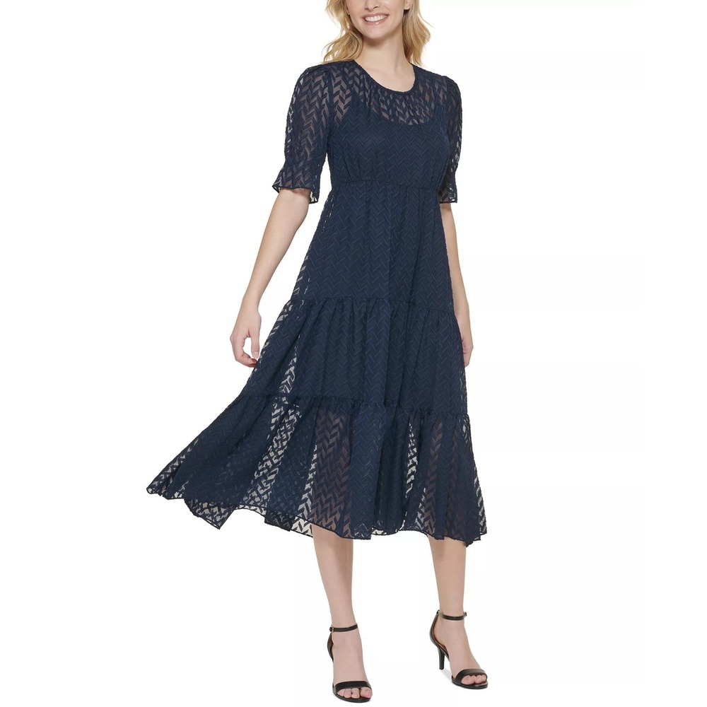 NEW Tommy Hilfiger Navy Blue Textured‎ Chevron Tiered Midi Dress Womens Size 8